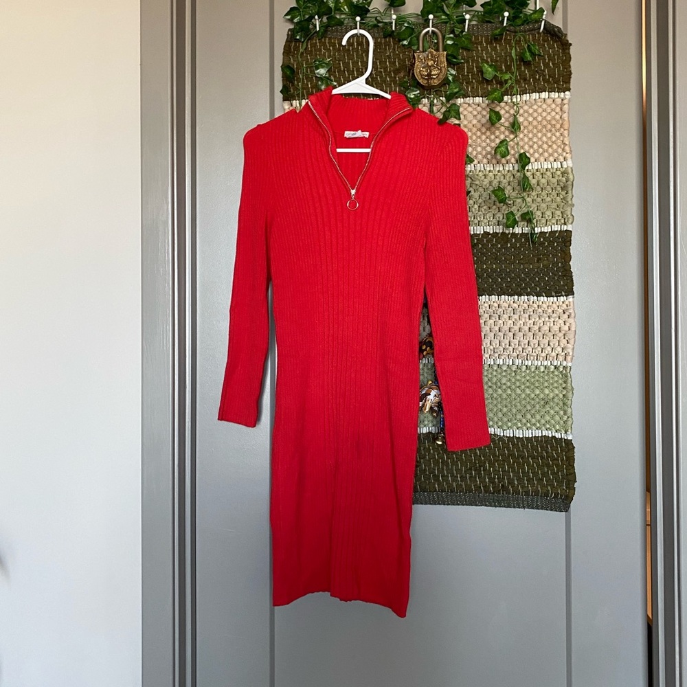 Medium long sleeve red midi dress